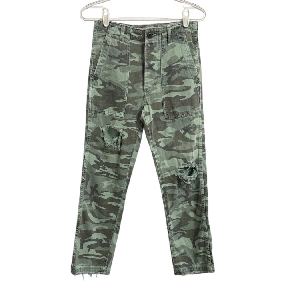 AMO Anthropology Women Distressed Spring Camo Green Pants Size 24 Crop Army pant